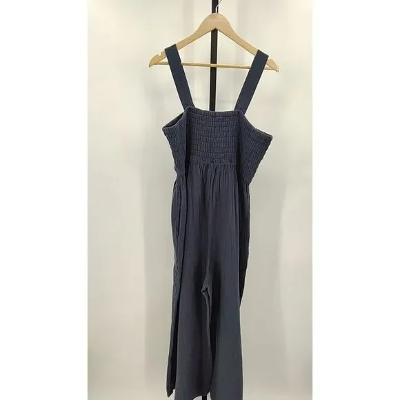 Quince Womens 100% Organic Cotton Gauze Smocked Wide Leg Jumpsuit Indigo Blue XL - Picture 3 of 3